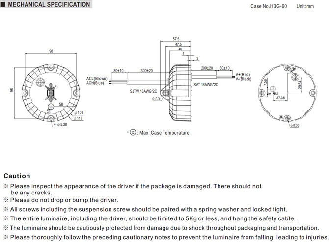 Meanwell HBG-60-1050 Mechanical Diagram Meanwell HBG-60-1050 price and specs led driver 60w meanwell hbg ycict