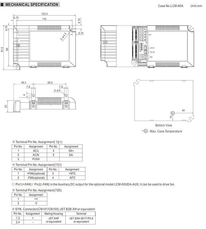 Meanwell LCM-60UDA Price and datasheet 55W Multiple-Stage Constant Current Mode LED Driver Plastic housing PFC YCICT