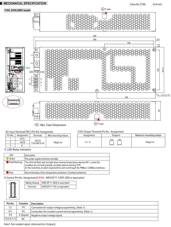 Meanwell PHP-3500-HV Series Mechanical Diagram