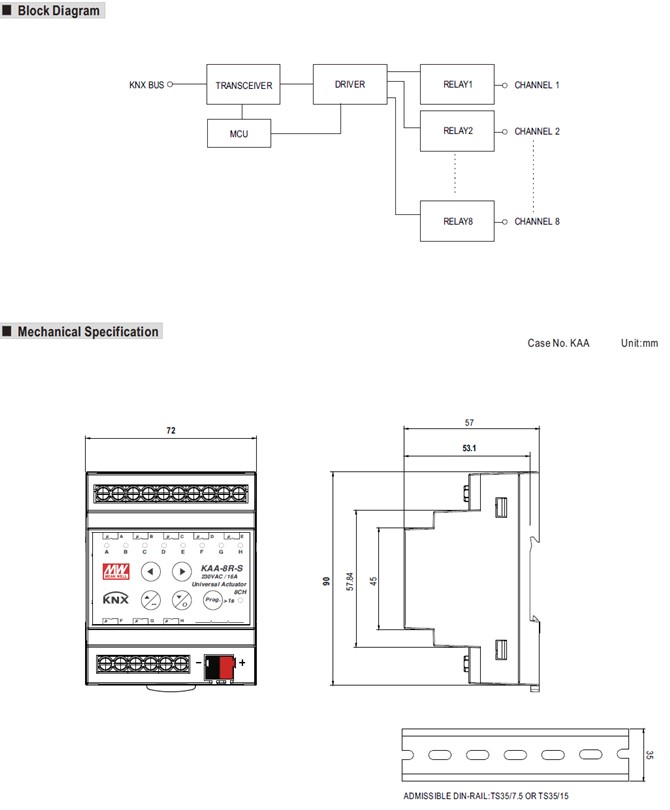 Meanwell KAA-8R-16S Price and Datasheet KNX Universal Actuator 8 channel actuator compact KAA-8R-16S KAA-8R-10S YCICT