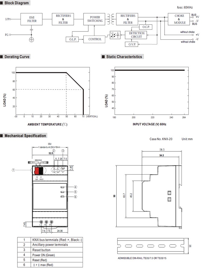 Meanwell KNX-20E-640 price and datasheet 640mA KNX power supply compact size with 3SU (52.5mm) width YCICT