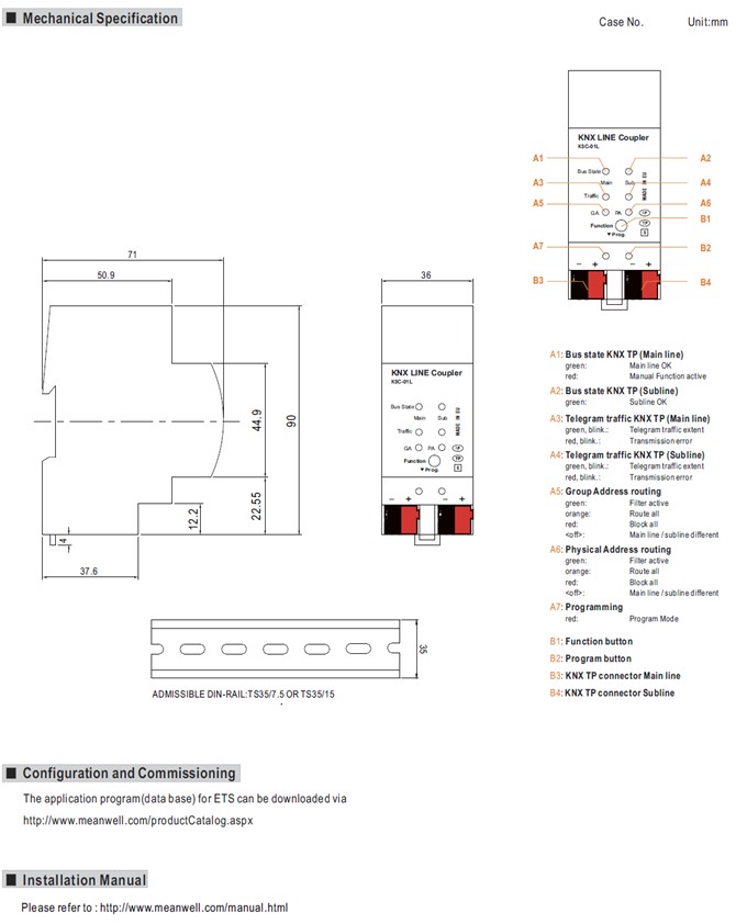 Meanwell KSC KNX LINE Coupler price and datasheet KSC-01L KSC-02L KNX Protocol 21~30VDC (KNX TP bus) KNX Protocol YCICT