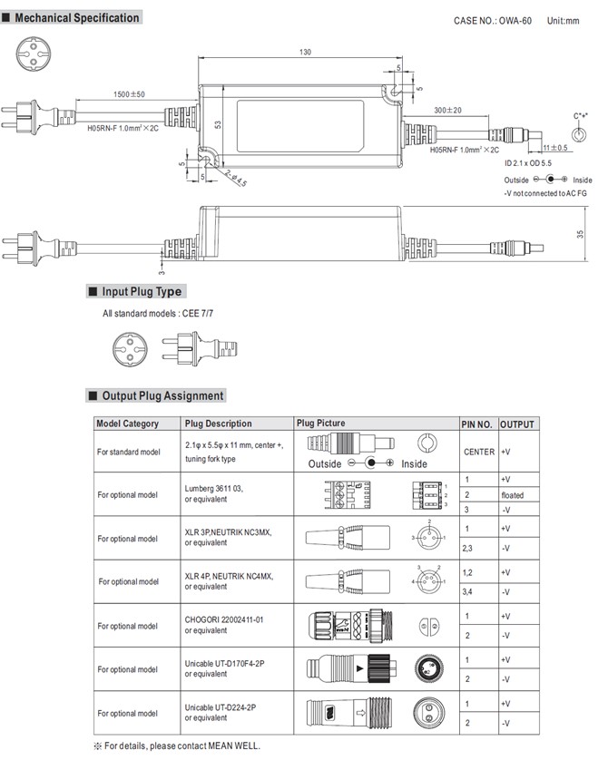 Meanwell OWA-60E-36 price and specs 60W ac/dc Single Output Adaptor 36v 1.67a OWA-60E-12 15 20 24 30 36 42 48 54 YCICT