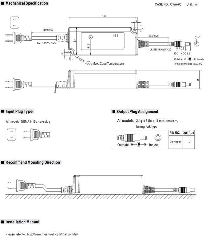 Meanwell OWA-60U-12 price and datasheet 60W Single Output ac/dc Adaptor 12v 5a OWA-60U 15 20 24 30 36 42 48 54 YCICT