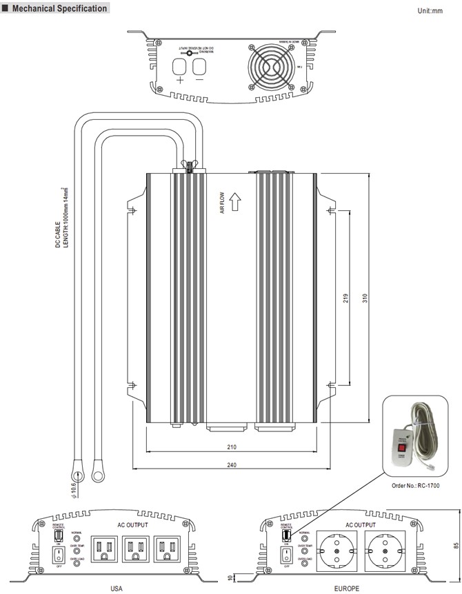 A301-1K0-F3 Meanwell Power Supply 1000W Modified Sine Wave DC-AC Power Inverter A301/302 Series A301-1K0-B2 YCICT