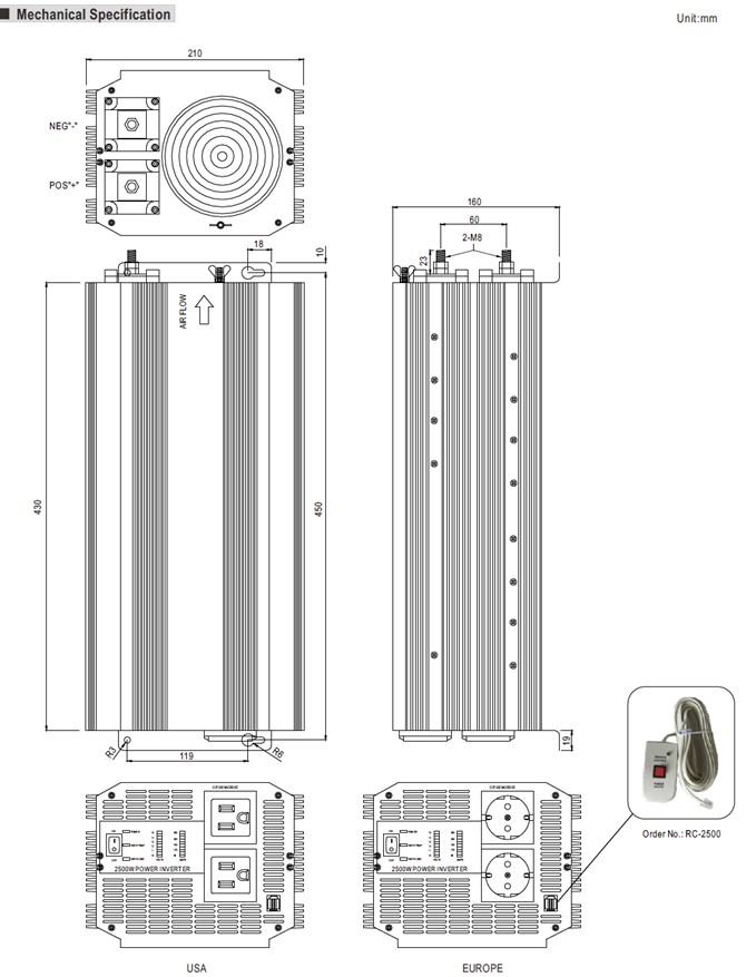 A302-2K5-B4 Meanwell Power Supply 2500W Modified Sine Wave DC-AC Inverter A301-2K5-B4 A302-2K5-F3 A302-2K5 YCICT