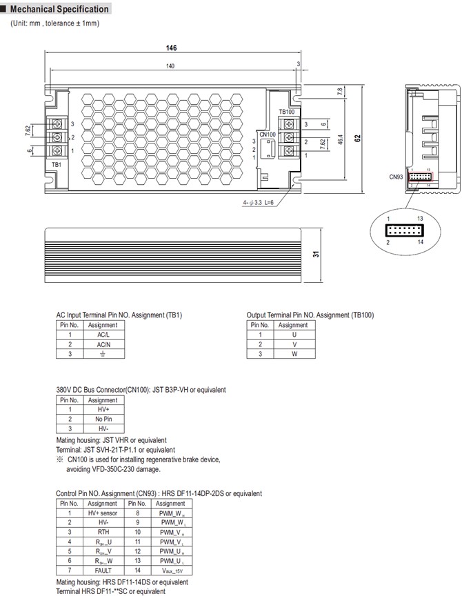 VFD-350C-230 Meanwell 350W AC Input Variable Frequency Drive Module with PFC Function VFD Series Fanless YCICT