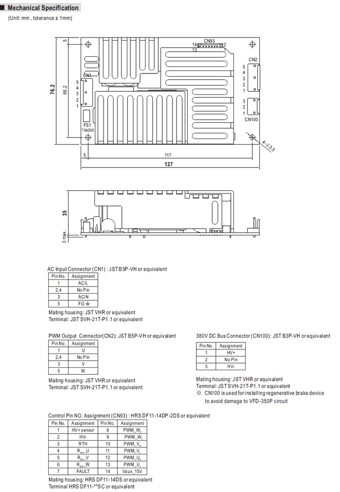 VFD-350P-230 Meanwell 350W AC Input Variable Frequency Drive Module with PFC Function VFD Series PCB type YCICT