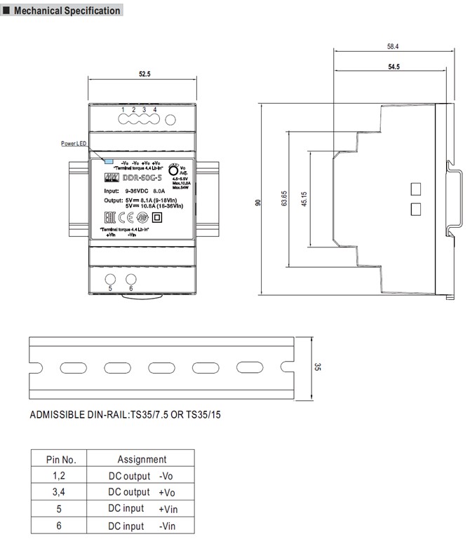 Meanwell DDR-60L price and datasheet 60W DIN Rail DC-DC Converter width 52.5mm (3SU) 4:1 wide input range YCICT