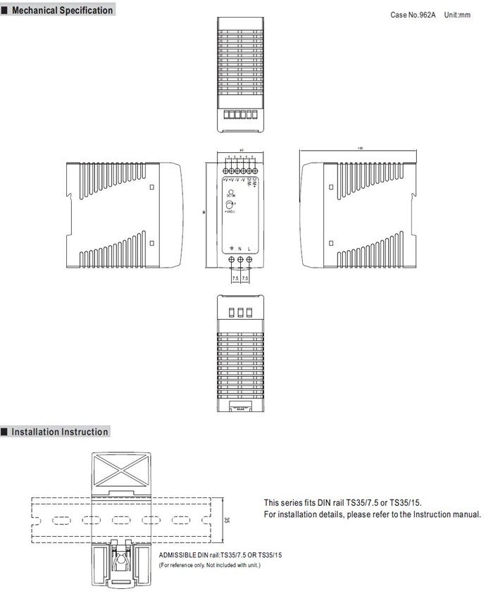 Meanwell DRA-40-12 Mechanical Diagram