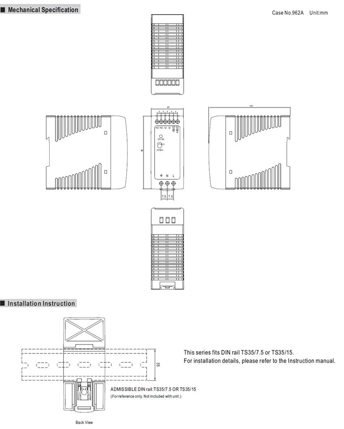 Meanwell DRA-60 Series Mechanical Diagram