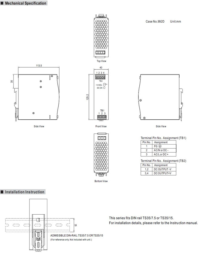 Meanwell EDR-120-48 Mechanical Diagram