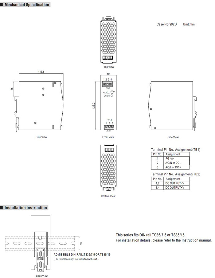 Meanwell EDR-150 Series Mechanical Diagram