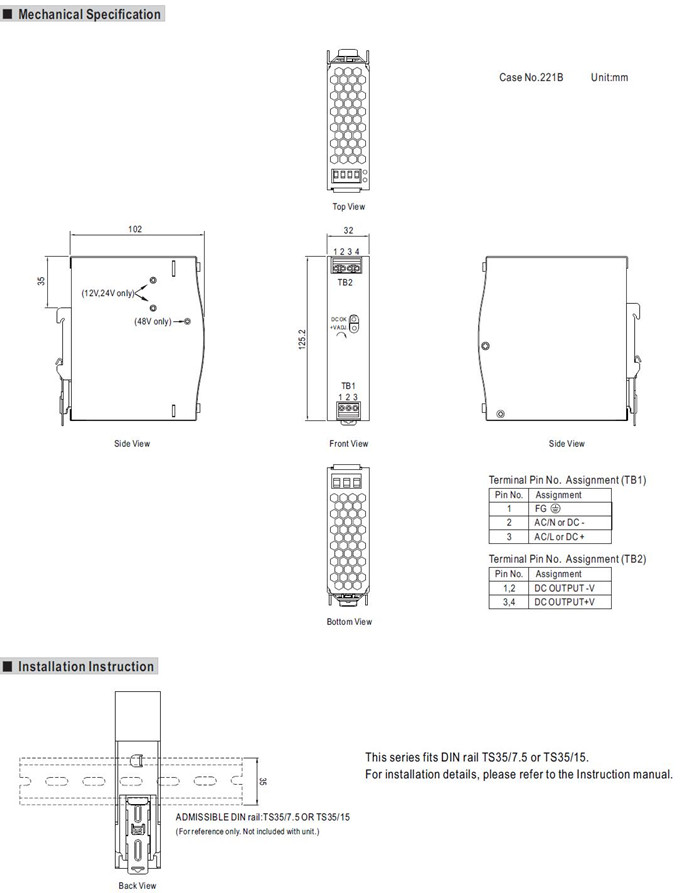 Meanwell EDR-75 Series Mechanical Diagram