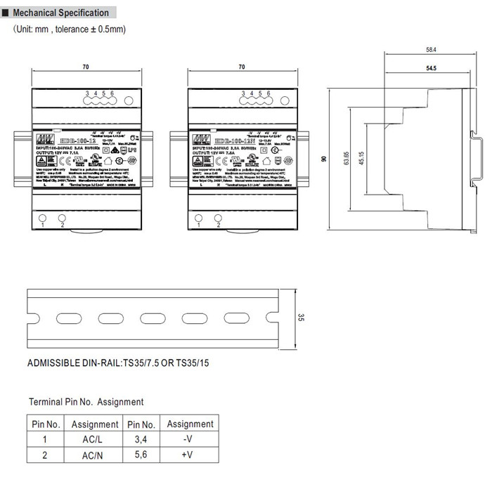 Meanwell HDR-100-12N Mechanical Diagram