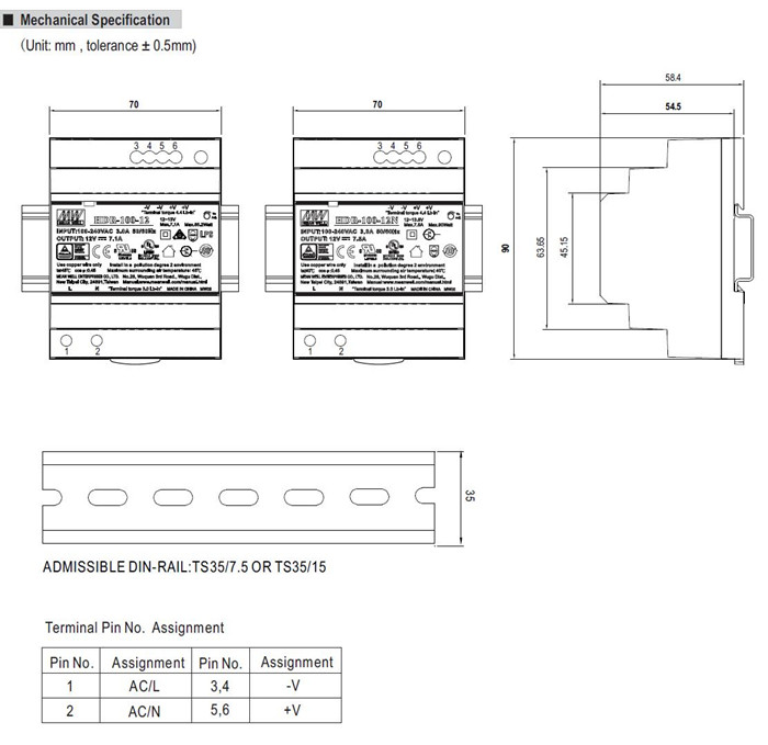 Meanwell HDR-100-12 Mechanical Diagram