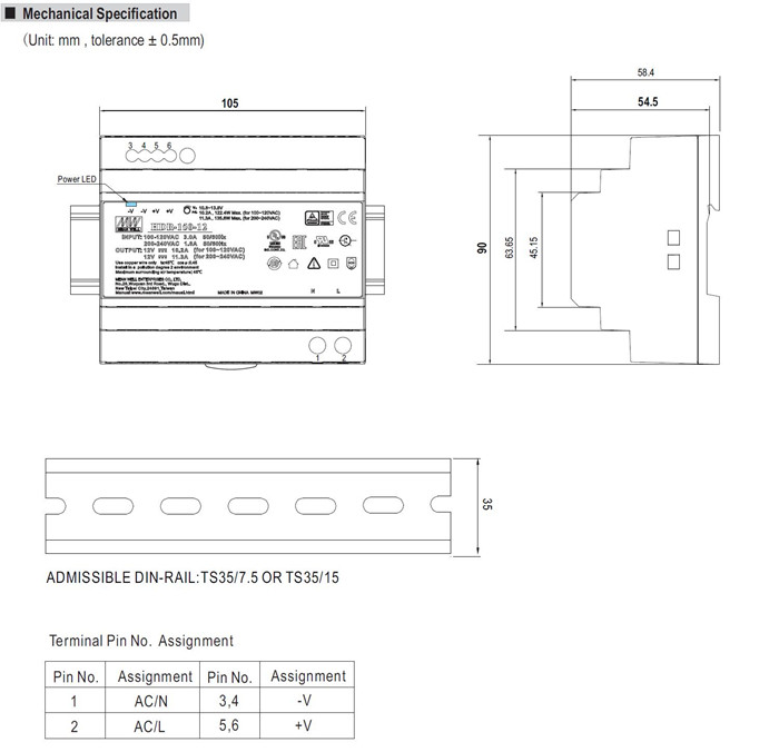 Meanwell HDR-150 Series Mechanical Diagram