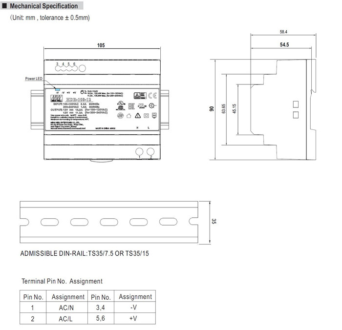 Meanwell HDR-150-12 Mechanical Diagram