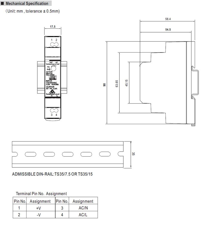 Meanwell HDR-15 Series Mechanical Diagram