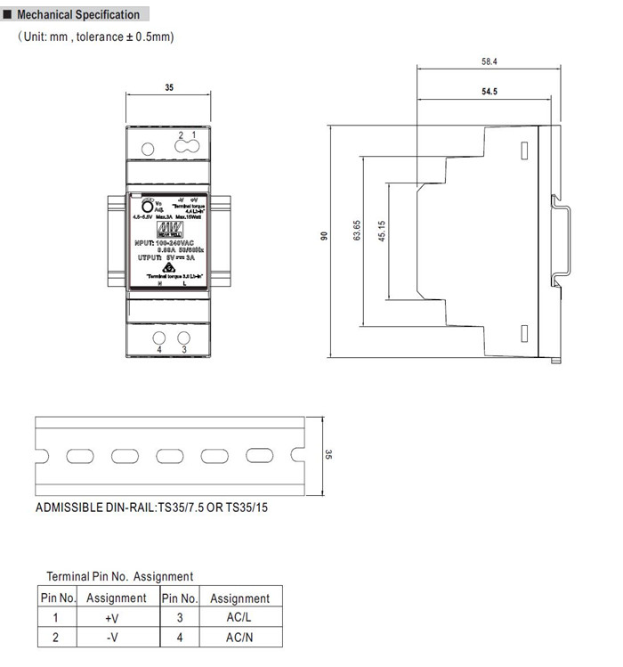 Meanwell HDR-30 Series Mechanical Diagram