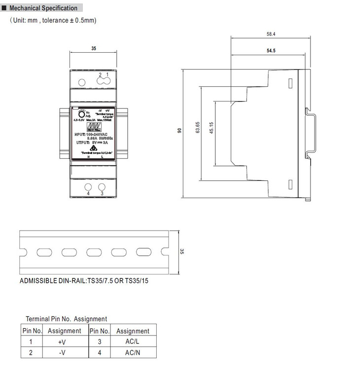 Meanwell HDR-30-24 Mechanical Diagram