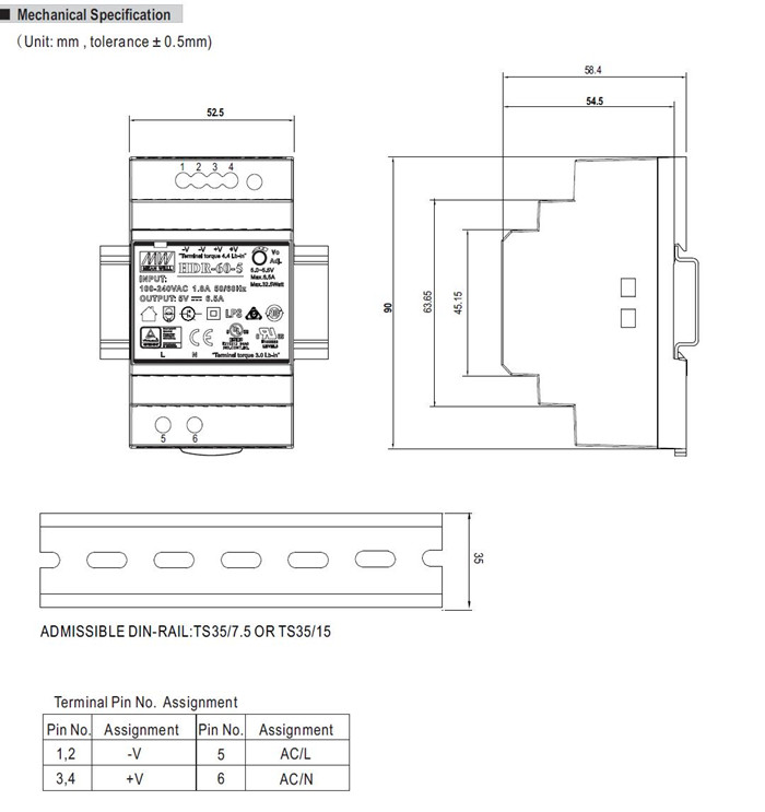 Meanwell HDR-60 Series Mechanical Diagram