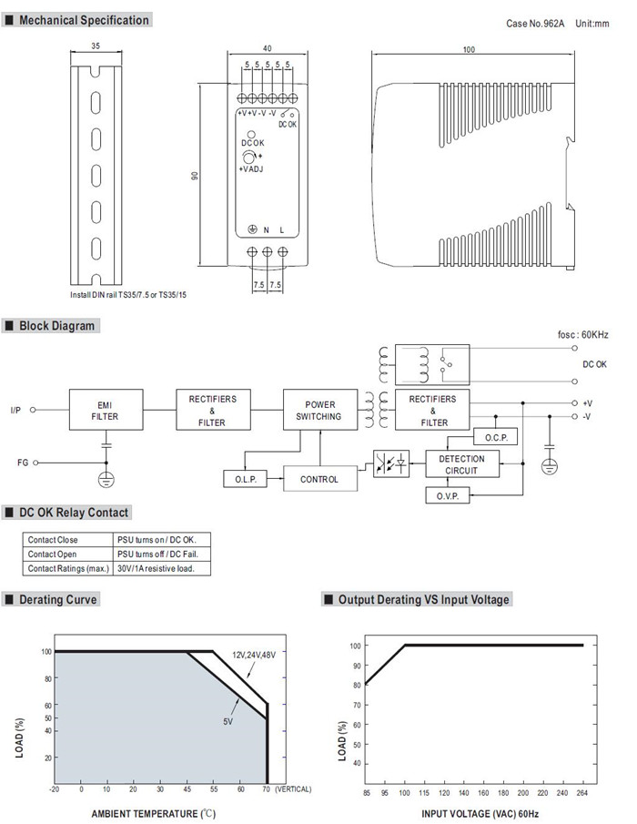 Meanwell MDR-60 Series Mechanical Diagram
