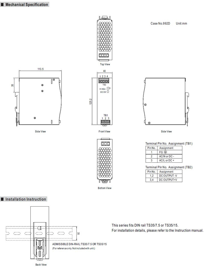 Meanwell NDR-120-12 Mechanical Diagram