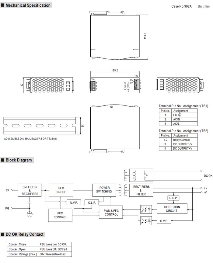 Meanwell SDR-120 Series Mechanical Diagram