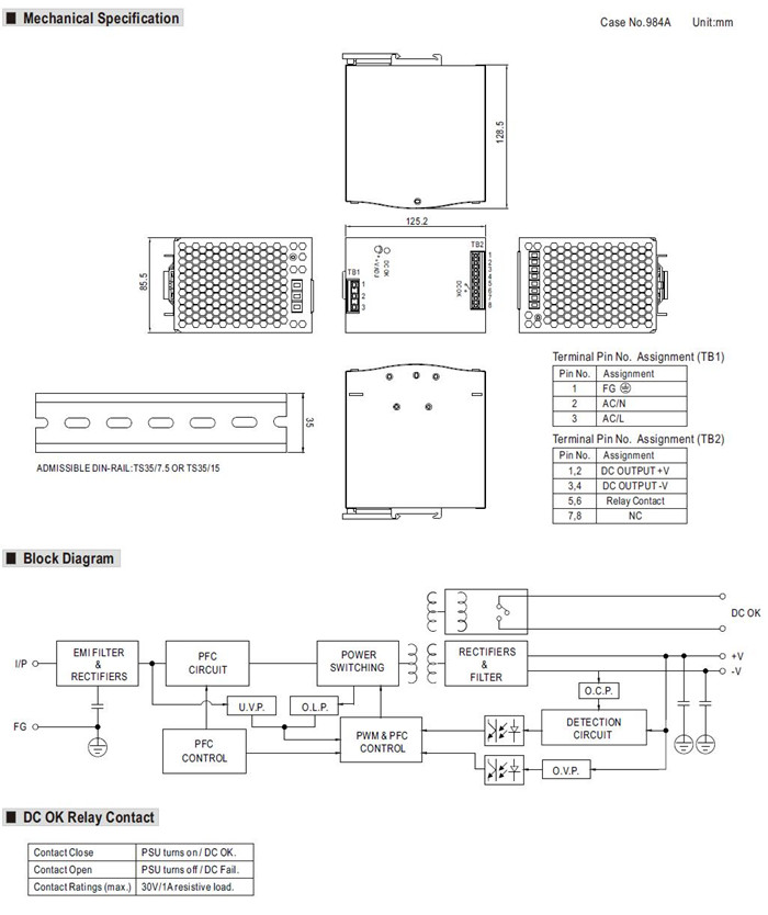 Meanwell SDR-480 Series Mechanical Diagram