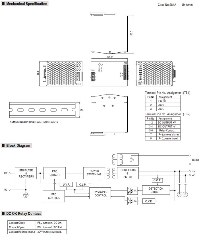 Meanwell SDR-480P Series Mechanical Diagram