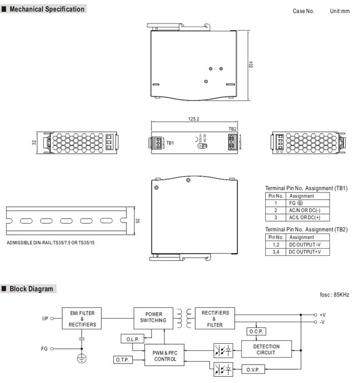 Meanwell SDR-75 Series Mechanical Diagram