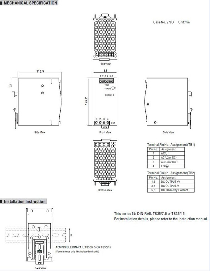 Meanwell TDR-240 Series Mechanical Diagram