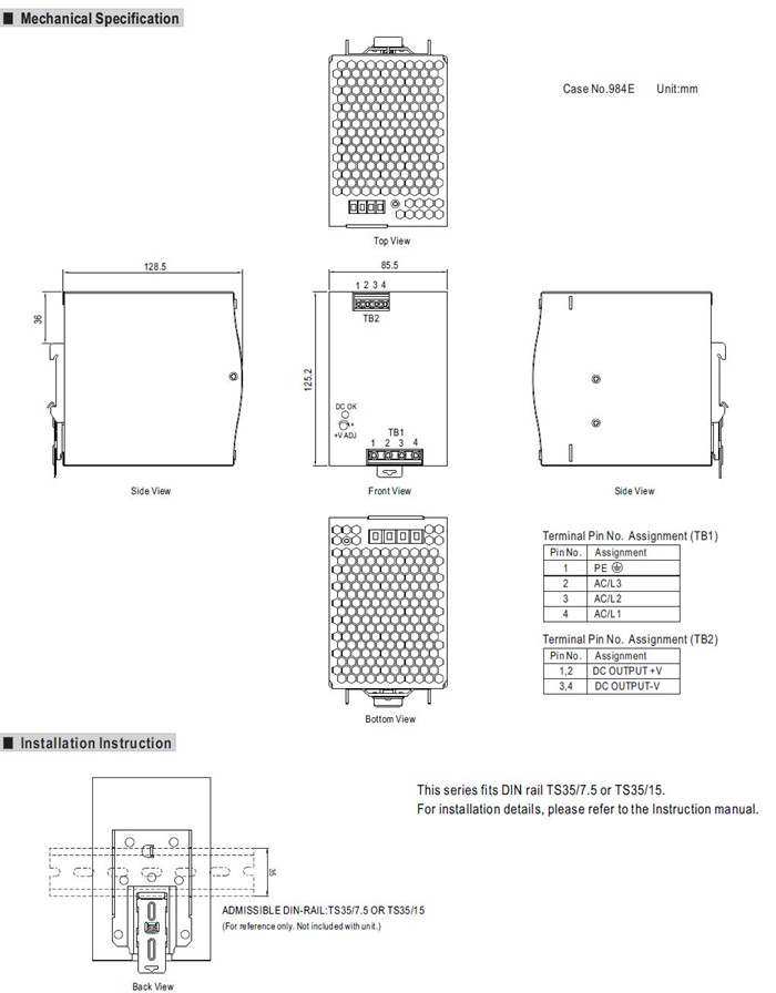 Meanwell TDR-480 Series Mechanical Diagram