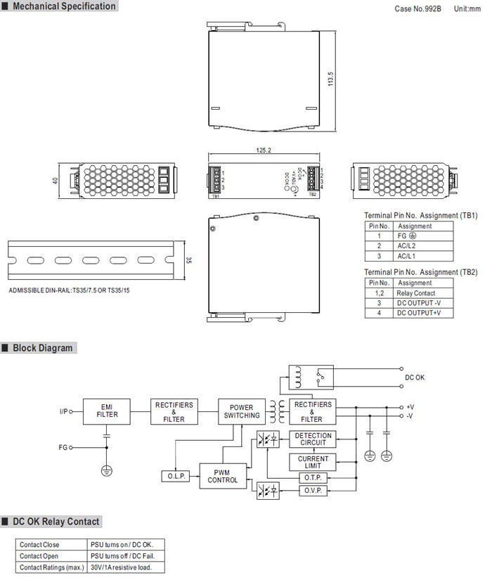 Meanwell WDR-120 Series Mechanical Diagram