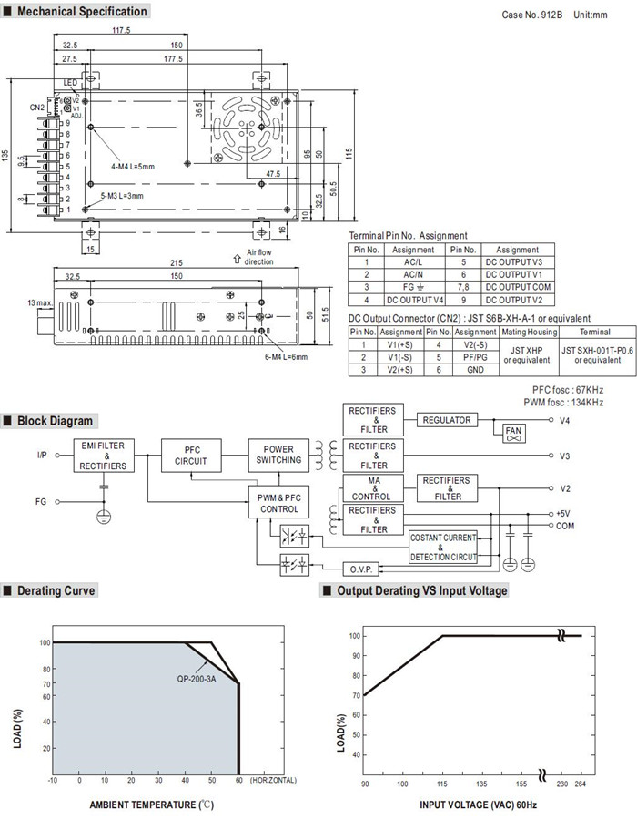 Meanwell QP-200-3A Mechanical Diagram