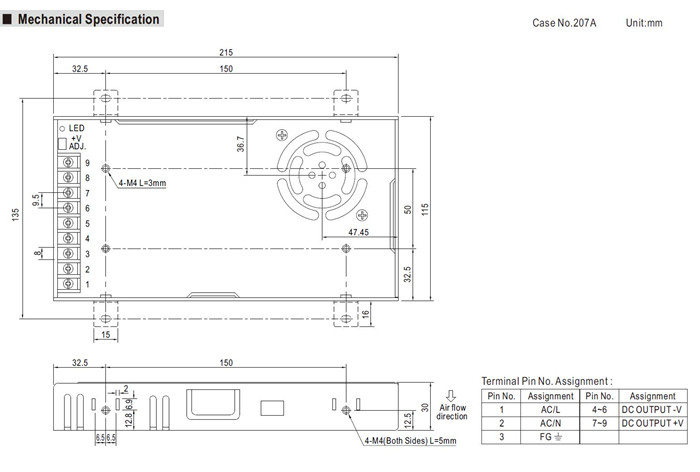 Meanwell LRS-350 Series Mechanical Diagram