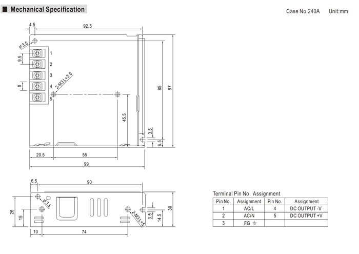 Meanwell LRS-75-24 Mechanical Diagram