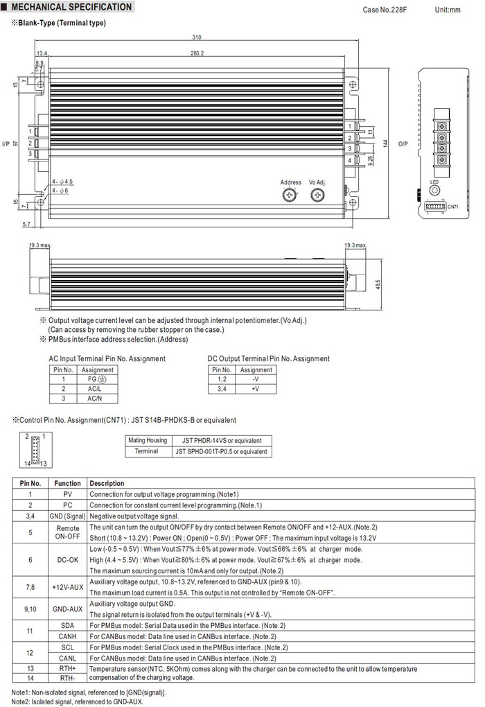 Meanwell HEP-1000 Series Mechanical Diagram