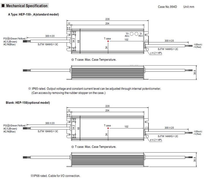 Meanwell HEP-150-24 Mechanical Diagram