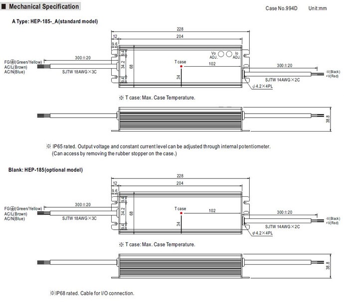 Meanwell HEP-185-36 Mechanical Diagram YCICT