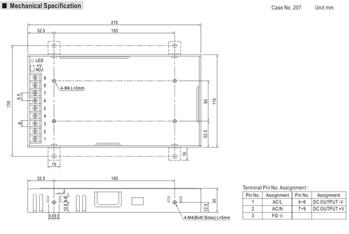 Meanwell LRS-200-12 Mechanical Diagram