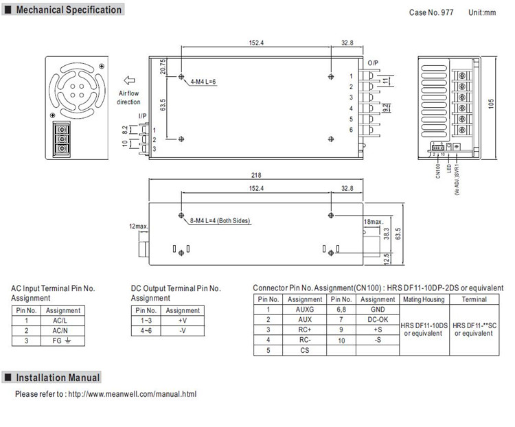 Meanwell MSP-1000 Series Mechanical Diagram