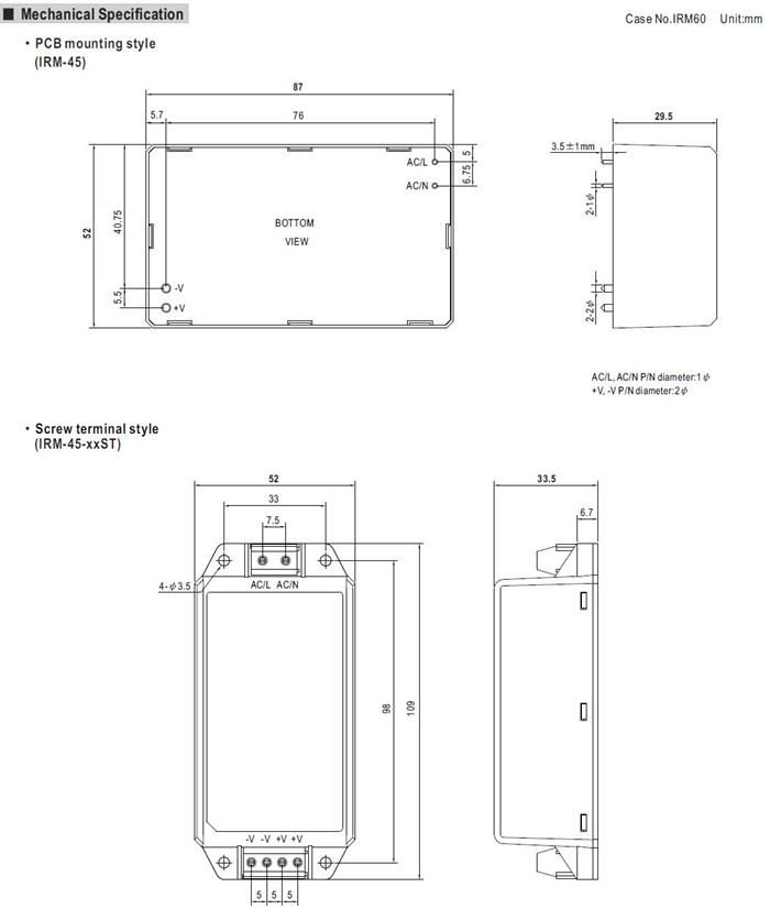 Meanwell IRM-45-15 Mechanical Diagram