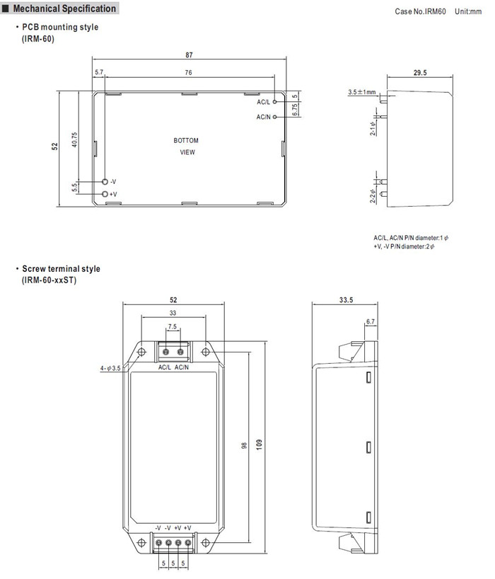 Meanwell IRM-60-15 Mechanical Diagram