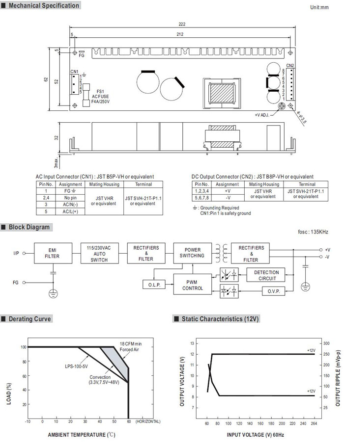 Meanwell LPS-100-15 Mechanical Diagram