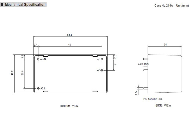 Meanwell MPM-20-24 Mechanical Diagram