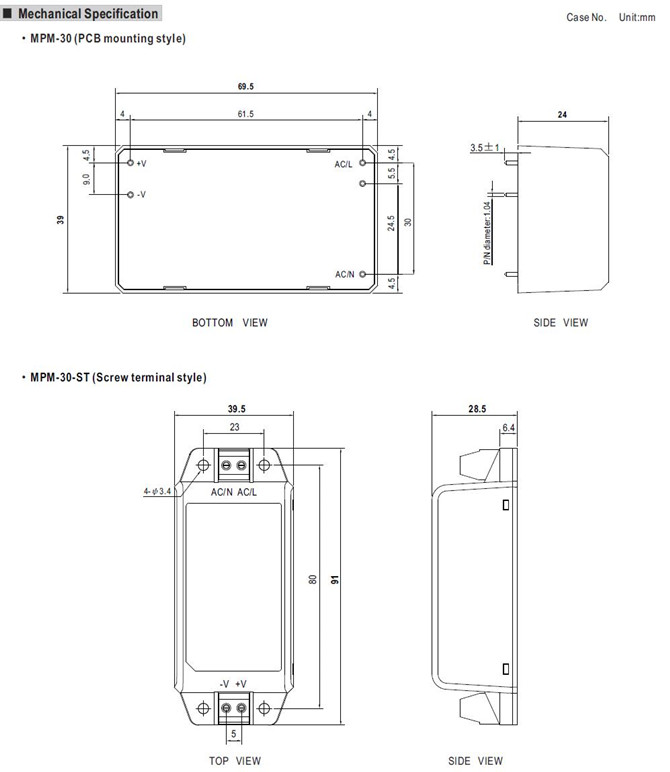 Meanwell MPM-30-15 Mechanical Diagram