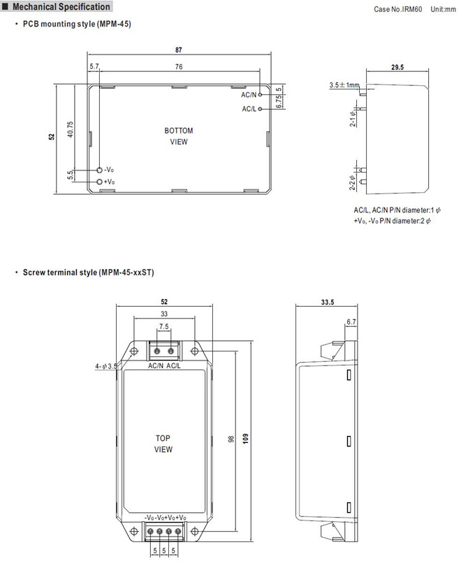 Meanwell MPM-45-24 Mechanical Diagram