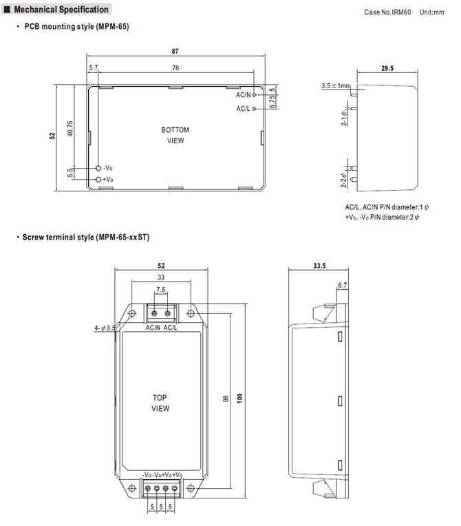 Meanwell MPM-65-47 Mechanical Diagram